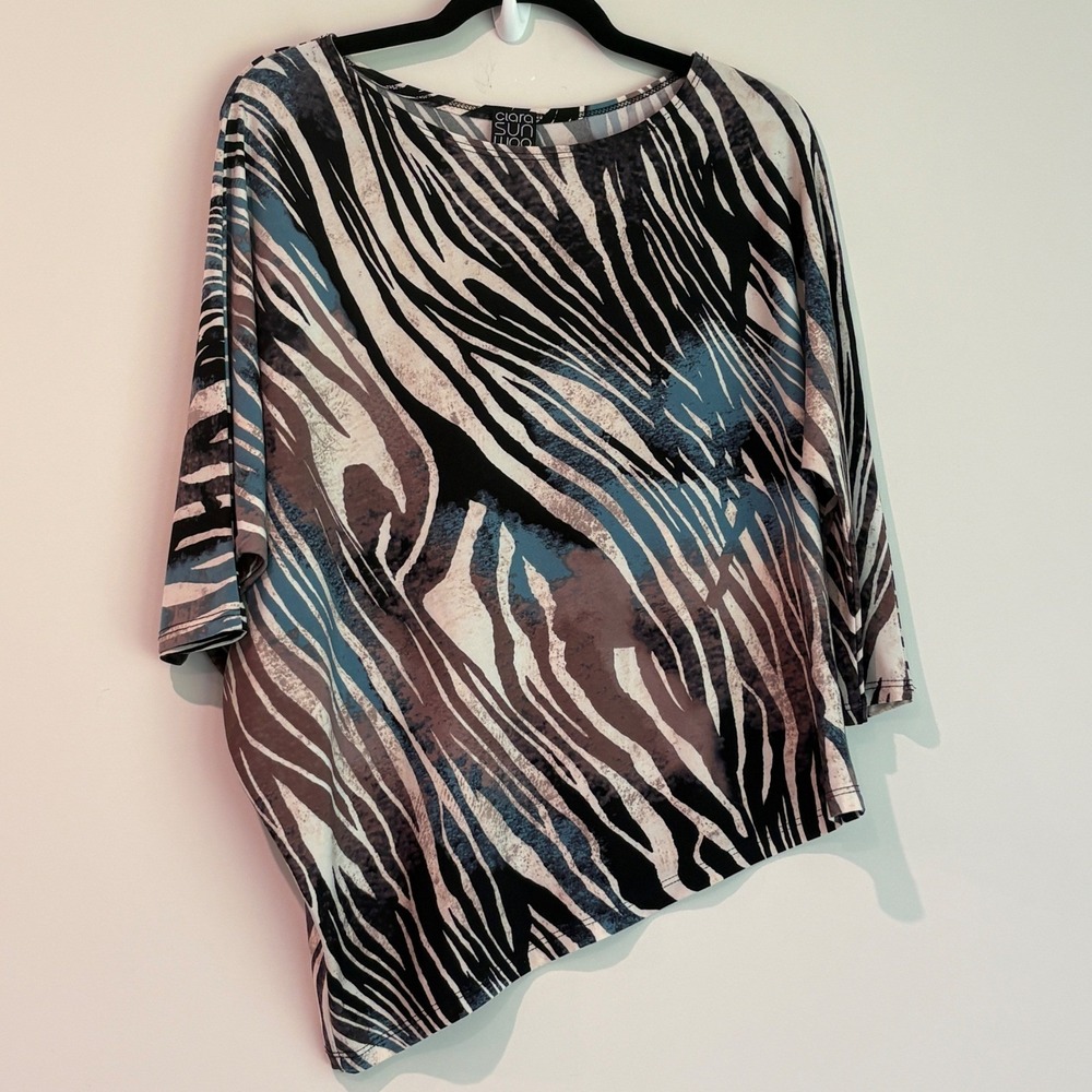 Clara Sunwoo Womens Small Zebra Print Asymmetrical Batwing Top Blue Black USA